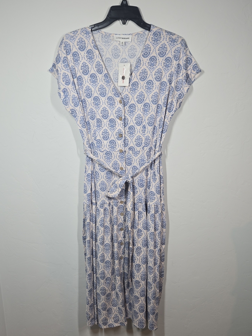 Lucky Brand Cream and Blue Paisley Midi Dress with Tie Waist